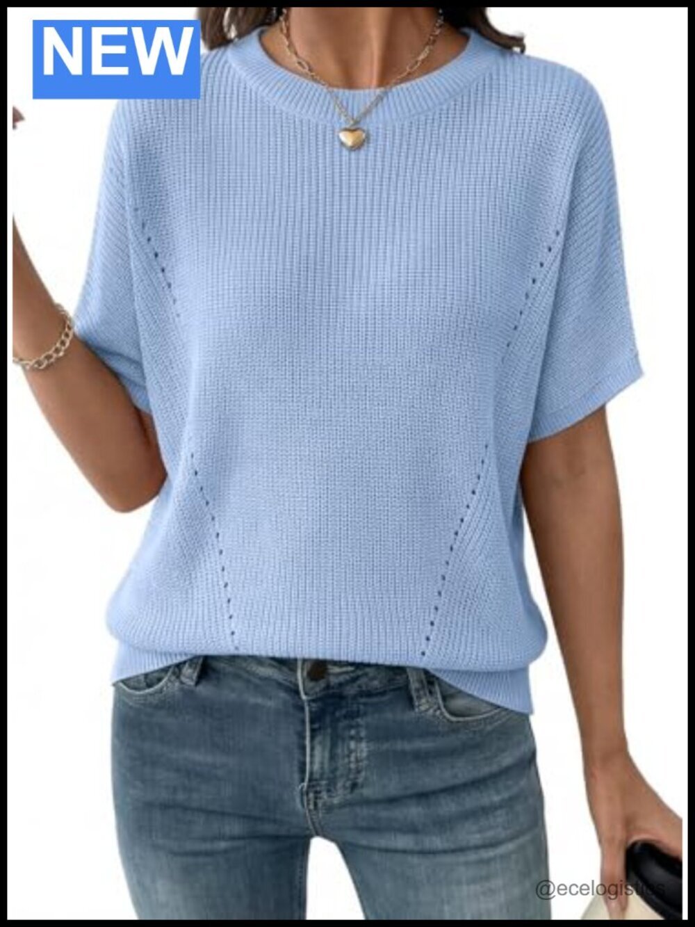 Short Sleeve Rib-Knit Sweater V-Neck Pullover Tunic Top